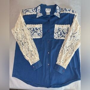 Vintage Lacy AfterNoon L Shell Kepler Rhinestone  Button Up Shirt Lace Whimsy